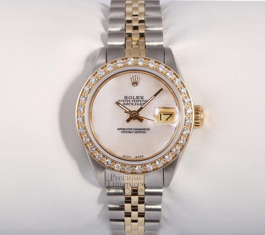 Rolex Lady Datejust 26mm Two Tone 18k Watch-White MOP Dial-18k Diamond Bezel-BOX