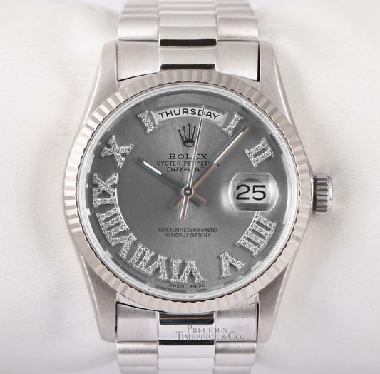 Rolex Mens Day-Date 36mm Presidential 18239 18k White Gold-Gray Roman Dial