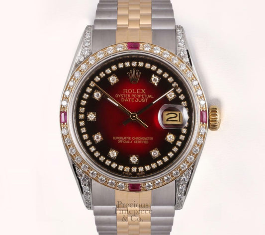 Rolex Datejust Two Tone 36mm-Red String Diamond Dial-Diamond Lugs-Diamond Bezel