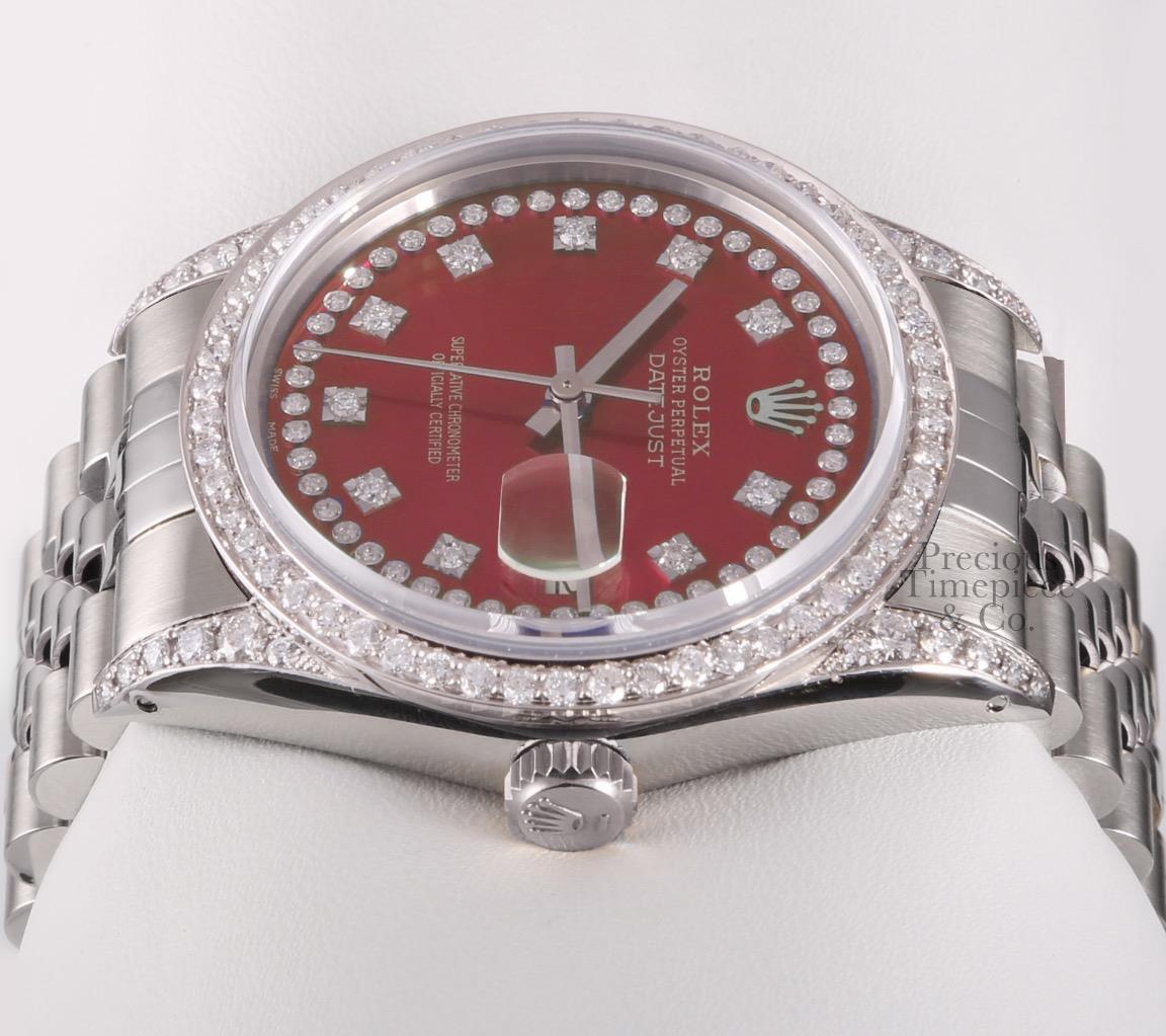 Rolex Datejust S/Steel 36mm-Red Diamond String Dial-Diamond Lugs-Diamond Bezel