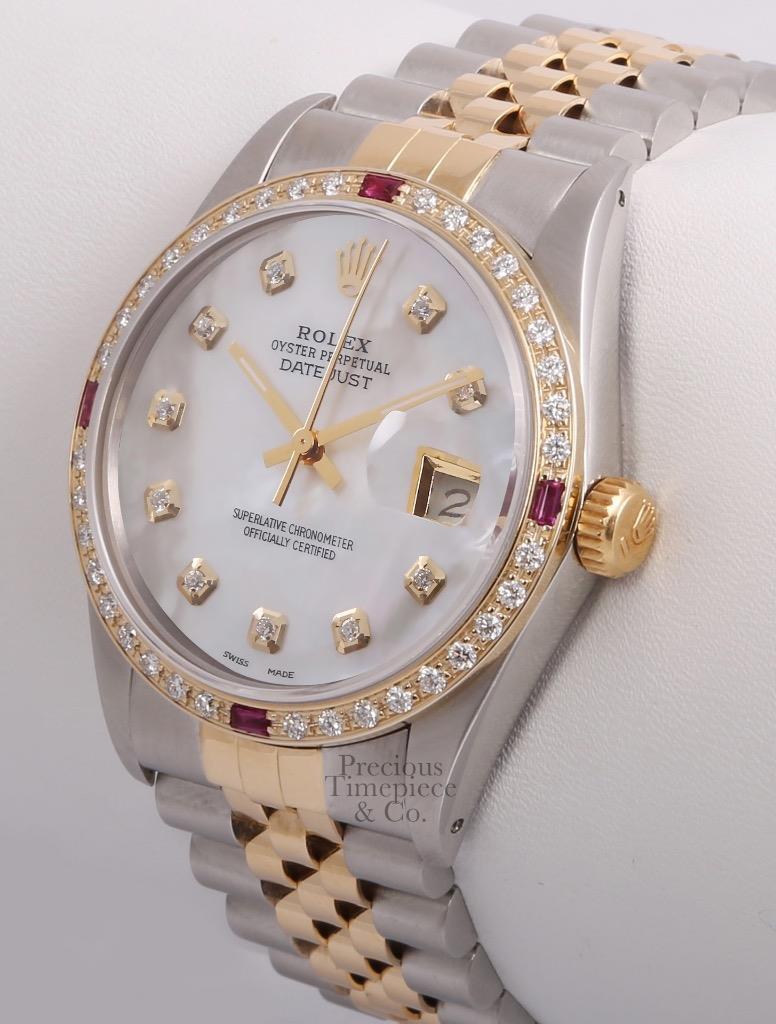 Rolex Datejust 36mm Two Tone Steel 18k Ruby/Diamond Bezel-White Diamond MOP