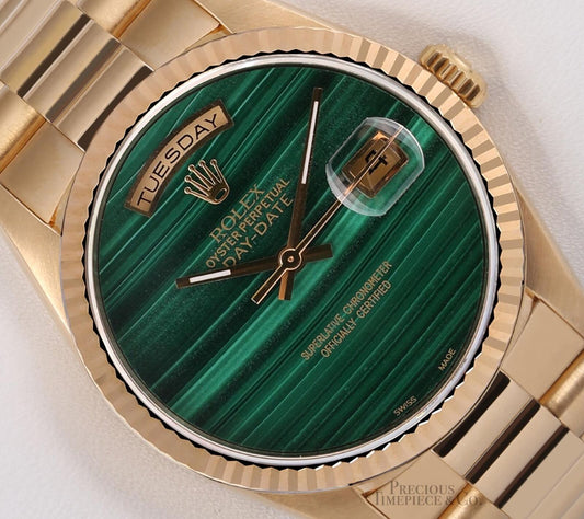 Rolex Men Day-Date 18038 Presidential 18k Gold 36mm- Malachite Green Marble Dial