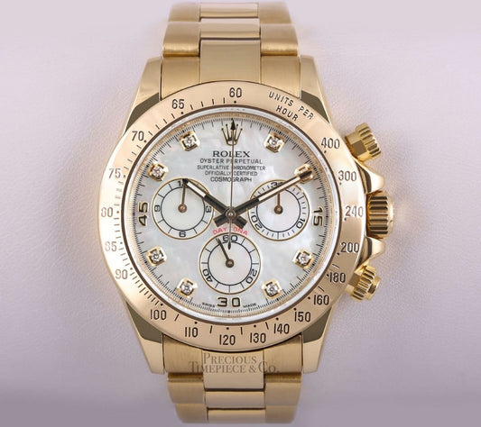 Rolex Men 40mm Daytona 116528 18k Yellow Gold Chronograph-White MOP Diamond Dial