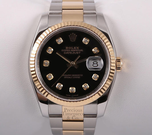 Rolex Datejust 116233 Two Tone 36mm Oyster 18k Fluted Bezel Black Diamond Dial