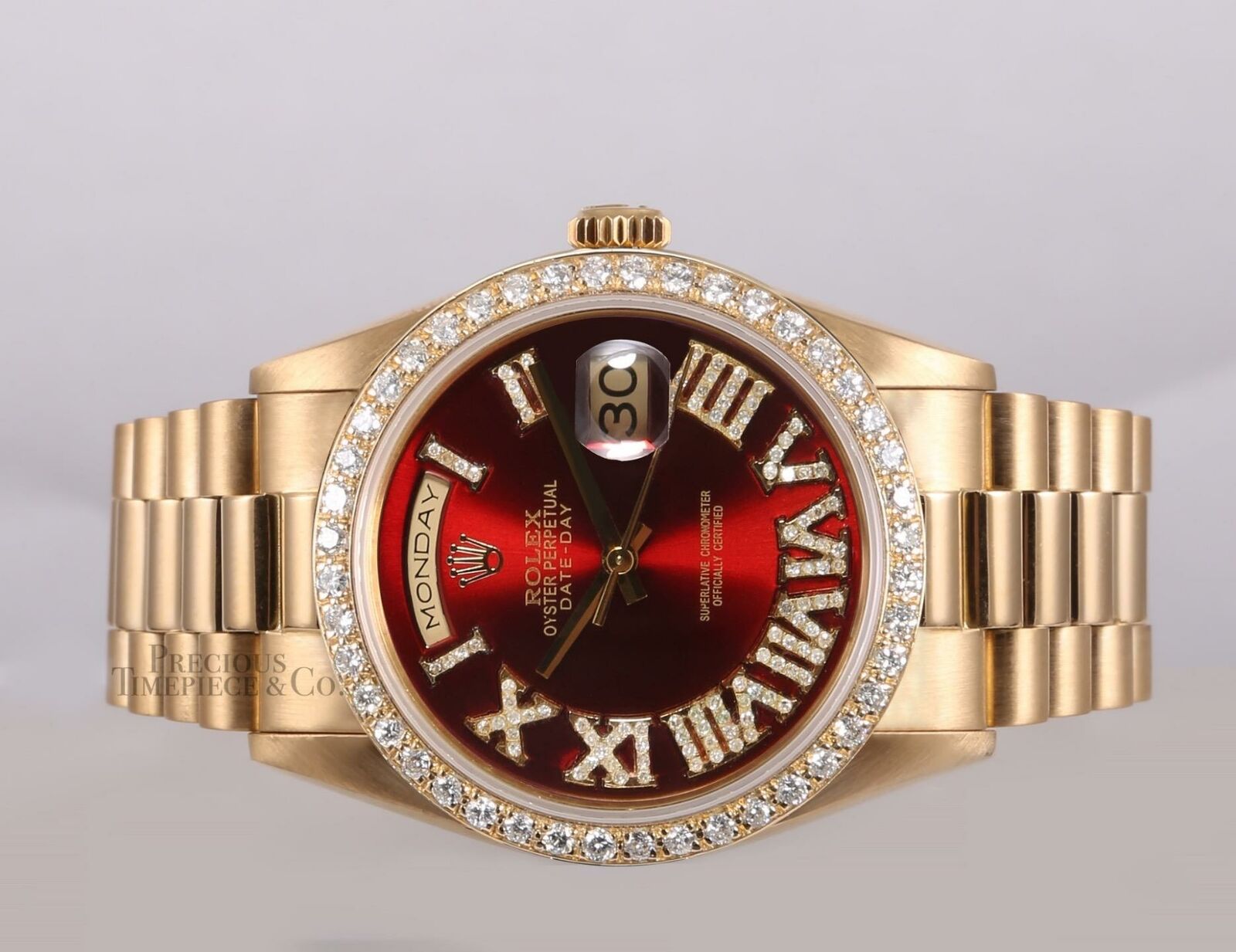 Rolex Men Day-Date 18038 President 36mm 18k Gold-Red Roman Dial-Diamond Bezel