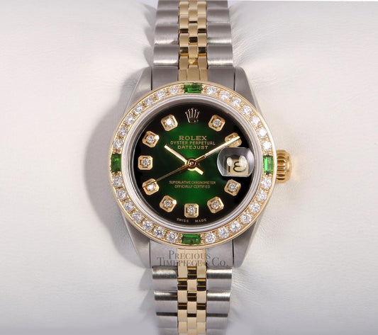 Rolex Lady Datejust 26mm 18k Emerald Diamond Bezel-Green Vignette Diamond Dial