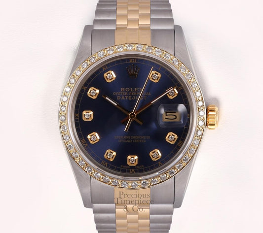 Rolex Datejust Two Tone Gold/SS 18k Diamond Bezel-Navy Diamond Dial 36mm Watch