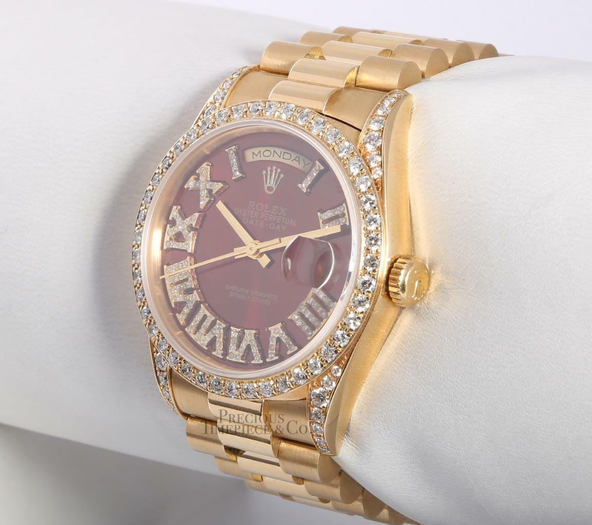 Rolex Day-Date 18238 36mm 18k Gold-Red Roman Dial-Diamond Lugs-Diamond Bezel