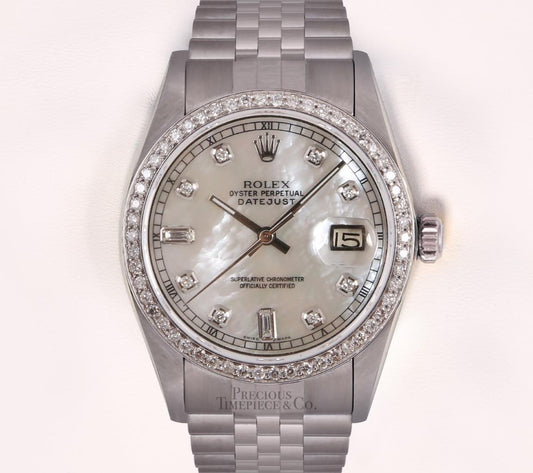 Rolex Datejust S/Steel 36mm Watch-Diamond Bezel-White MOP Baguette Diamond Dial