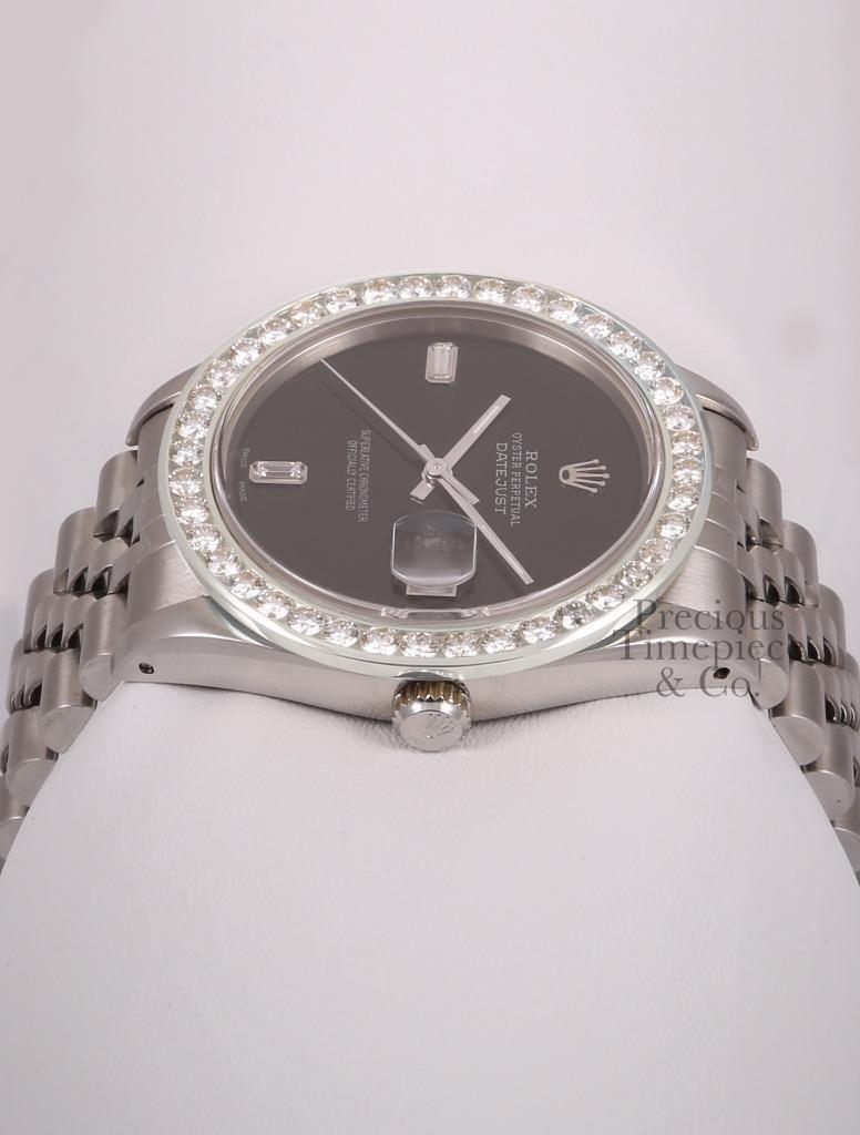 Rolex Datejust SS 36mm Watch-3CT Diamond Bezel-Onyx Baguette Diamond Dial