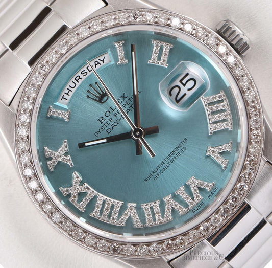 Rolex Mens Day-Date 36mm 18239 18k White Gold-Diamond Bezel-Ice Blue Roman Dial