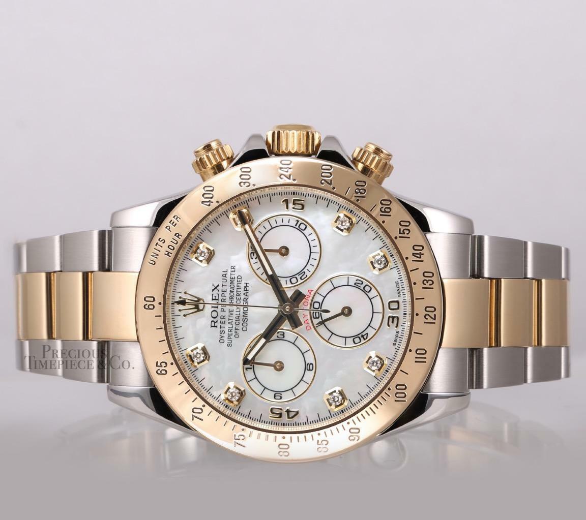 Rolex Men Daytona 116523 Two Tone 18k Steel 40mm Watch-White MOP Diamond Dial