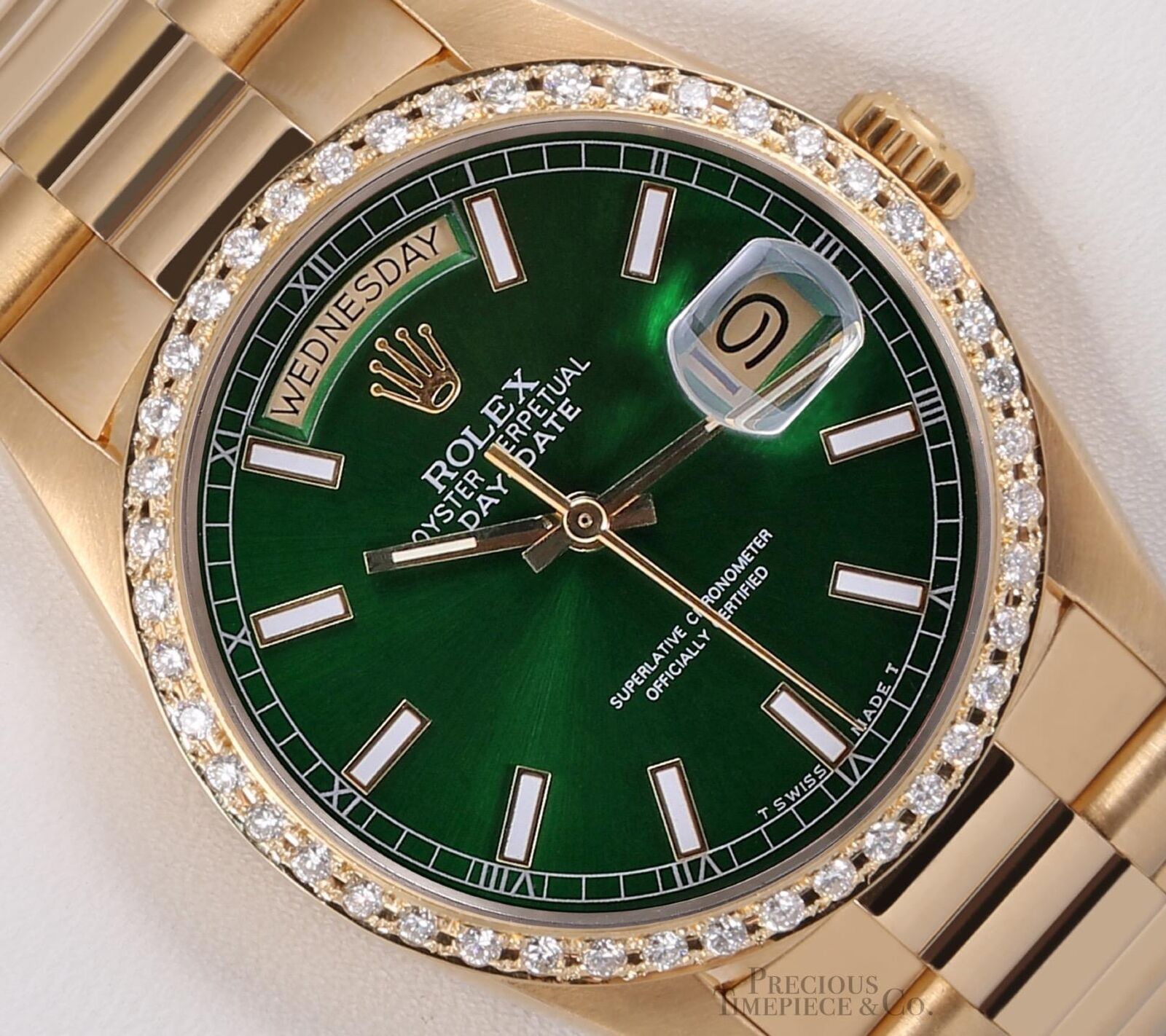 Rolex Day-Date 18038 Presidential 18k Gold Diamond Bezel 36mm-Green Stick Dial