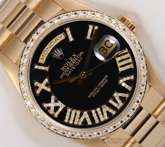 Rolex Day-Date 18038 President 18k Gold-Black Roman Diamond Dial-Diamond Bezel