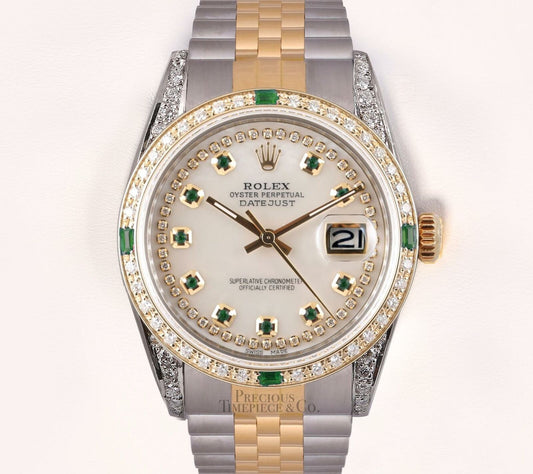 Rolex Datejust 36mm TT-White MOP Emerald String Diamond Dial-Diamond Bezel/Lugs