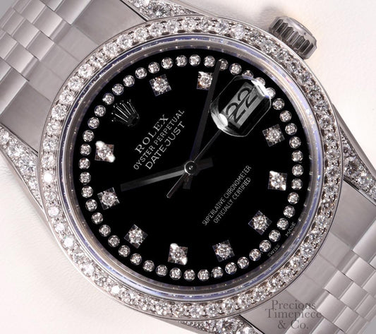 Rolex Datejust S/Steel 36mm-Diamond String Black Dial-Diamond Lugs-Diamond Bezel