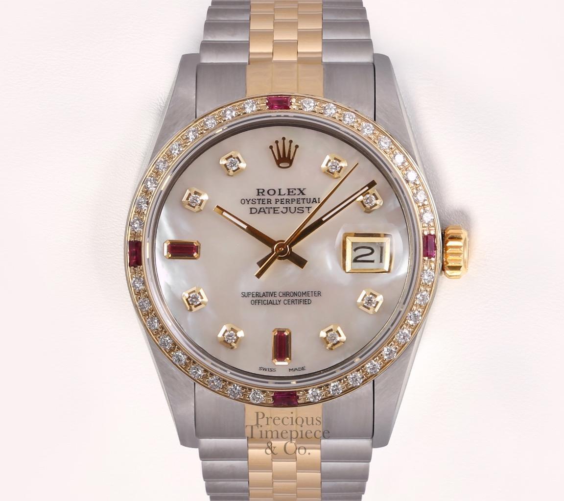 Rolex Men Datejust 36mm Two Tone SS/18k Ruby Diamond Bezel-White MOP Ruby Dial