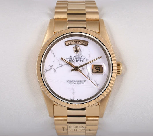 Rolex Men Day-Date 18238 President 18k Yellow Gold 36mm Watch-White Marble Dial