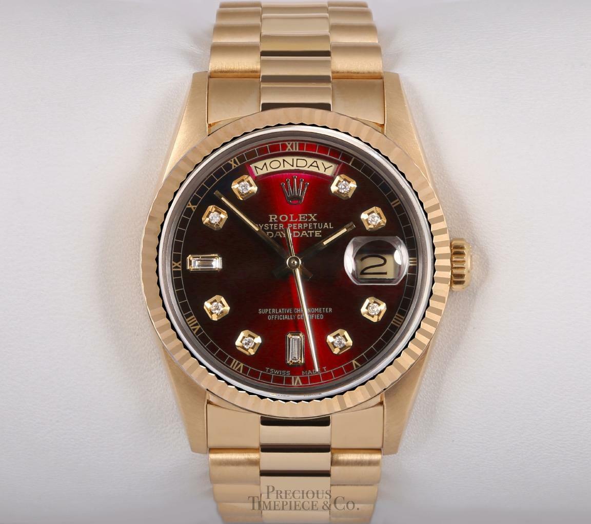 Rolex Men Day-Date 18038 President 36mm 18k Gold Watch-Red Baguette Diamond Dial