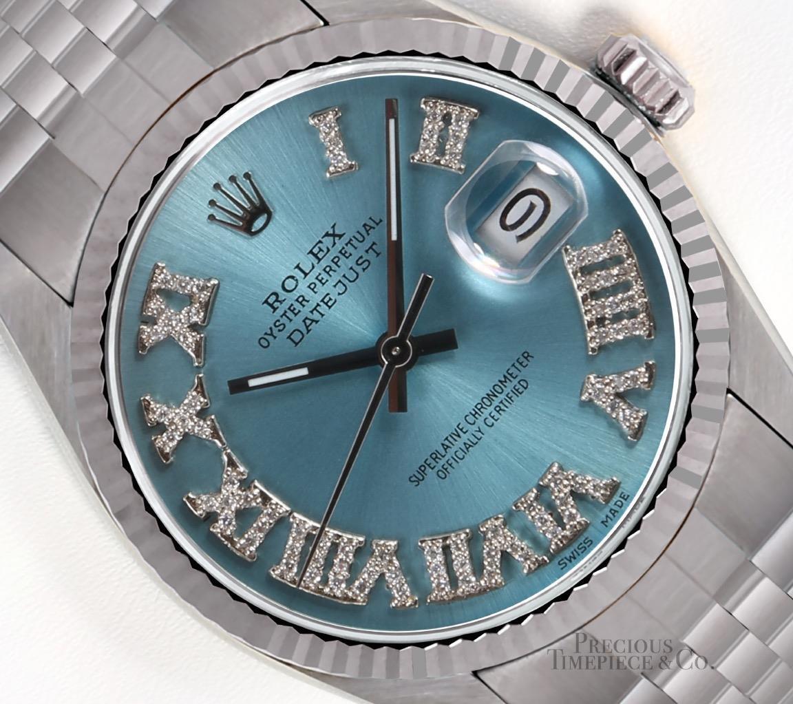 Rolex Datejust Stainless Steel 36mm-18k Fluted Bezel-Ice Blue Roman Diamond Dial