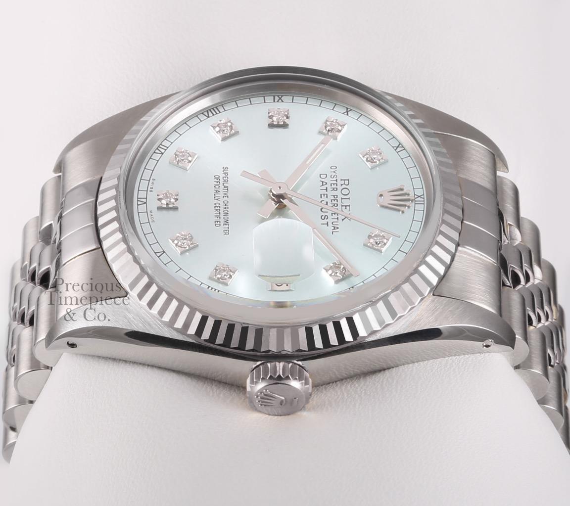 Rolex Men Datejust 36mm Steel 18k Fluted Bezel Watch-Ice Blue Diamond Dial