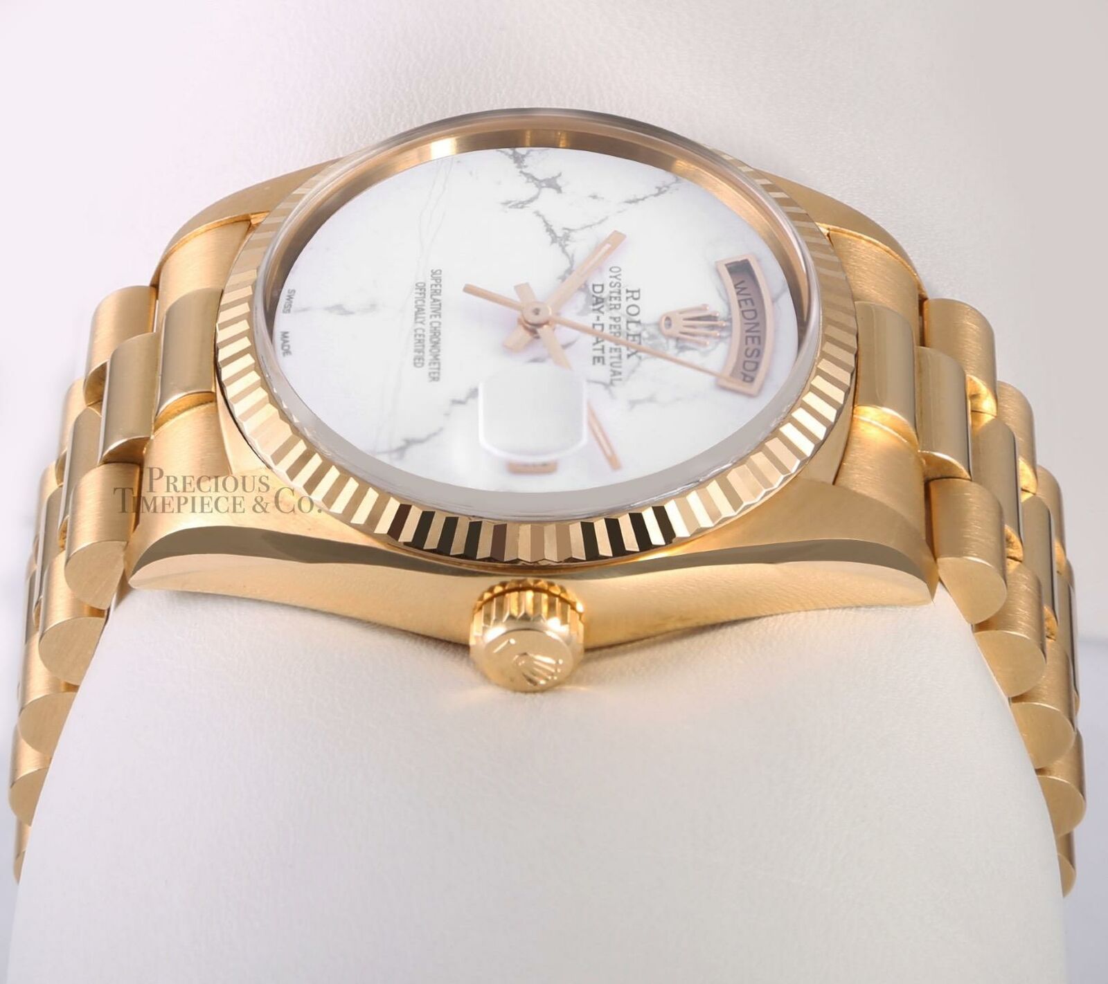 Rolex Men Day-Date 18238 President 18k Yellow Gold 36mm Watch-White Marble Dial