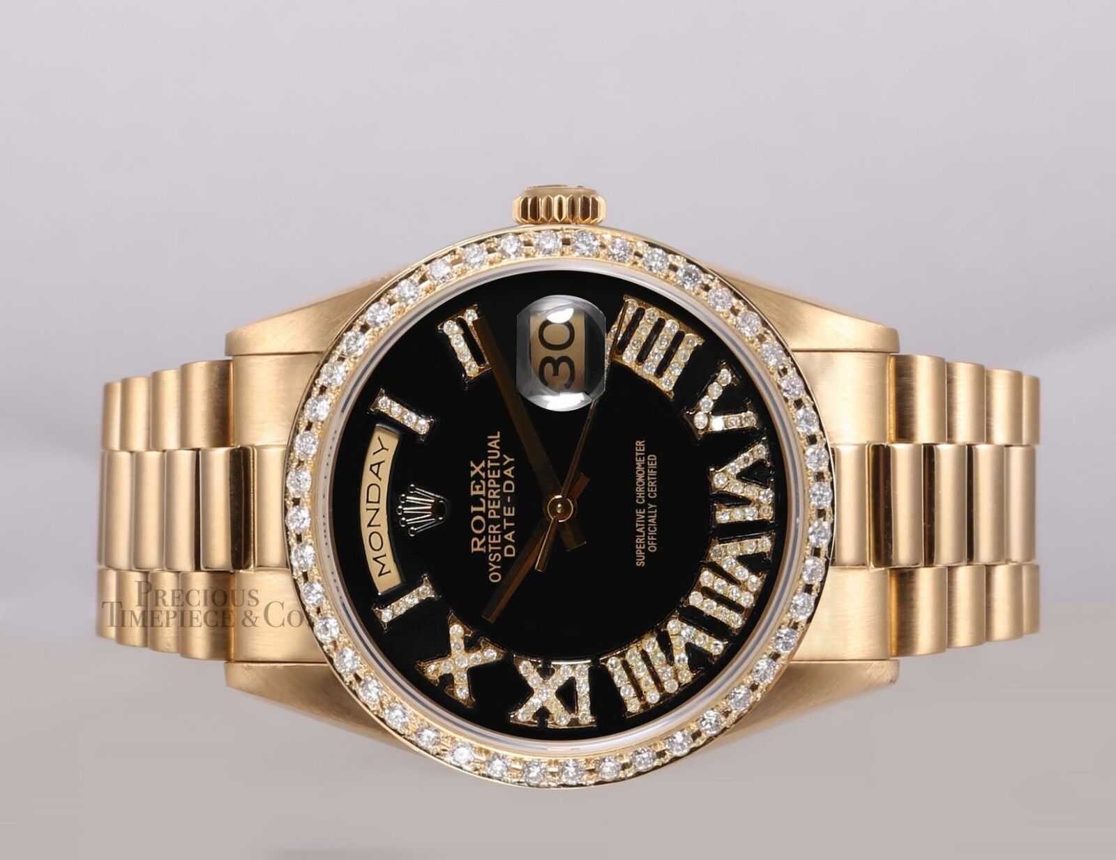 Rolex Day-Date 18038 President 18k Gold-Black Roman Diamond Dial-Diamond Bezel