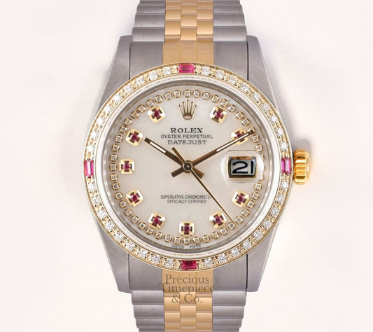 Rolex Men Datejust 36mm 18k TT/SS-White MOP Ruby String Diamond Dial-Ruby Bezel