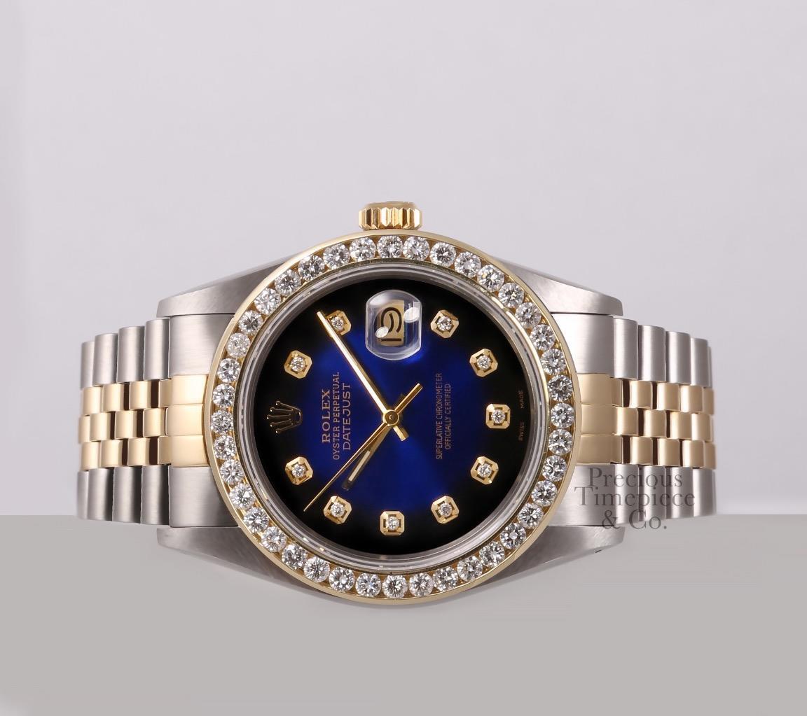 Rolex Datejust Two Tone 18k 3CT Diamond Bezel Watch-Blue Vignette Diamond Dial