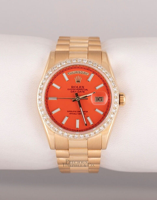 Rolex DayDate 118238 Presidential 18k Gold Diamond Bezel 36mm-Custom Orange Dial