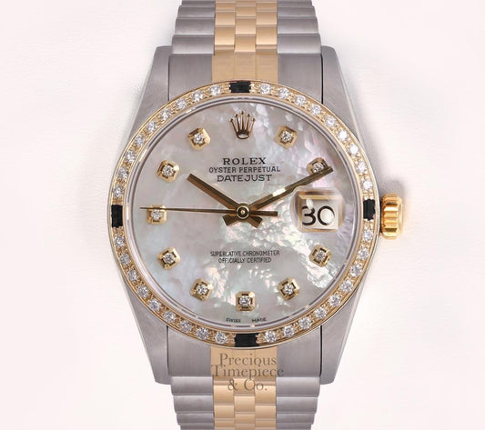 Rolex Datejust Two Tone Gold/SS-White MOP Diamond Dial-Black Gem & Diamond Bezel