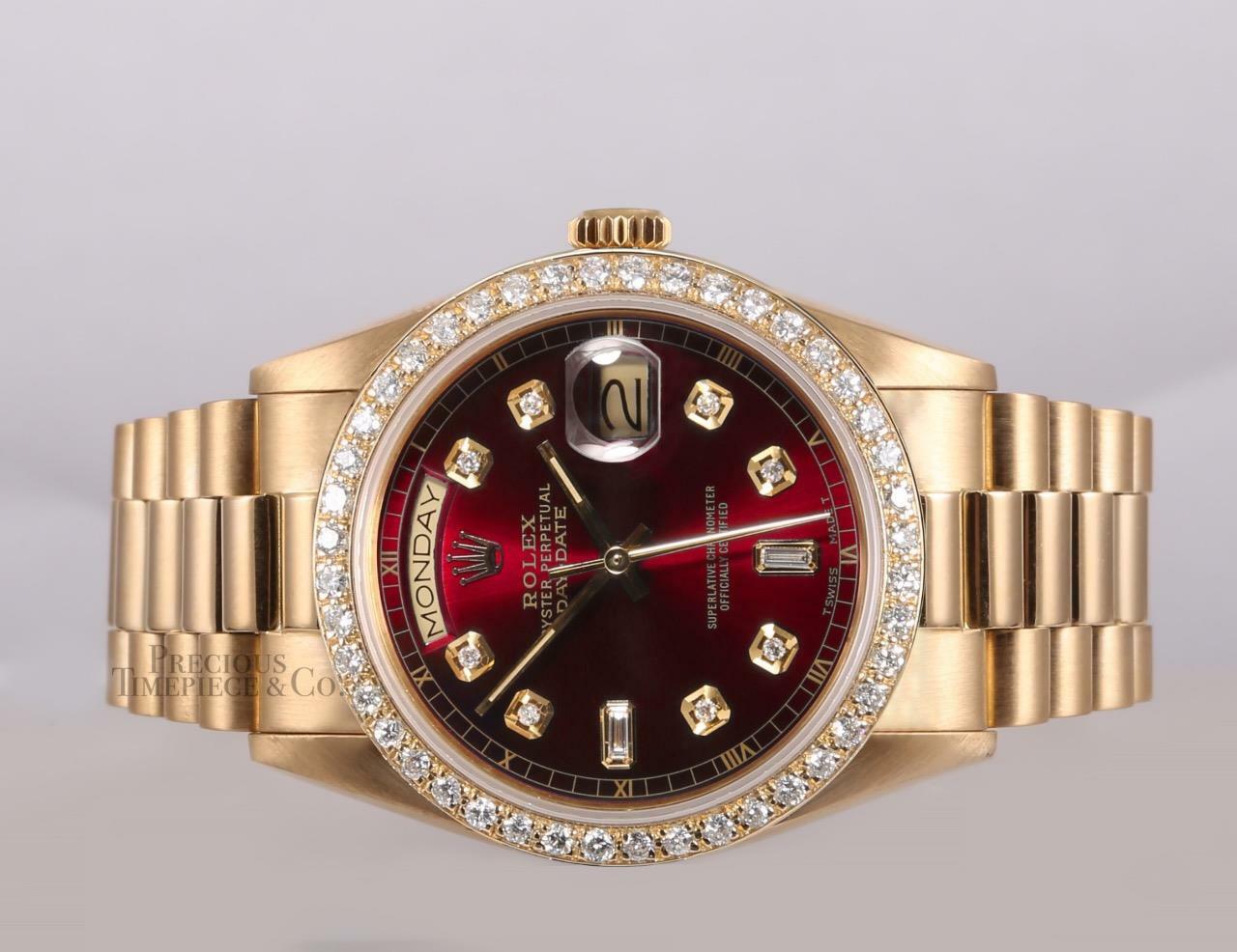 Rolex Day-Date 18038 President 18k Gold-Red Baguette Diamond Dial-Diamond Bezel