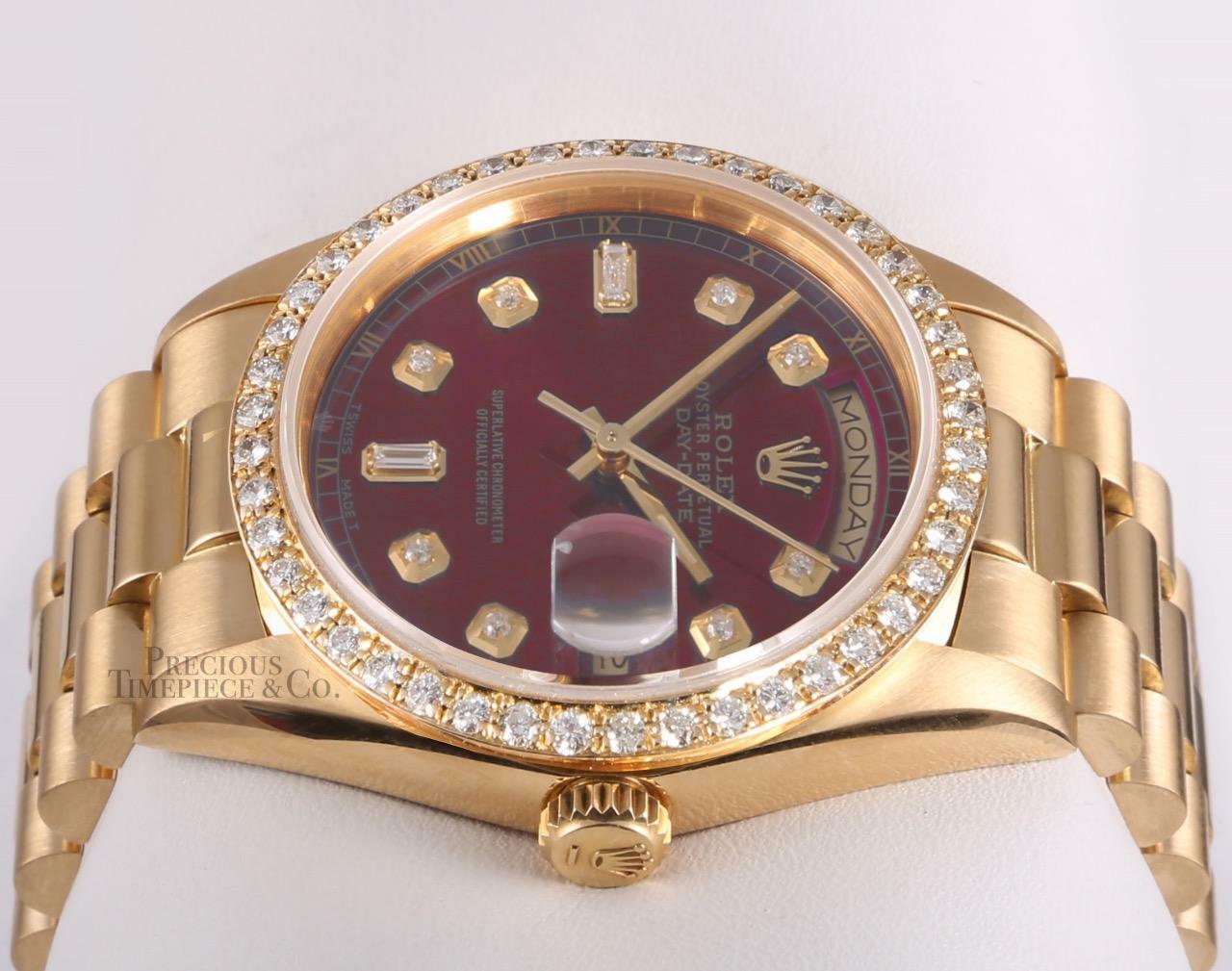 Rolex Day-Date 18038 President 18k Gold-Red Baguette Diamond Dial-Diamond Bezel