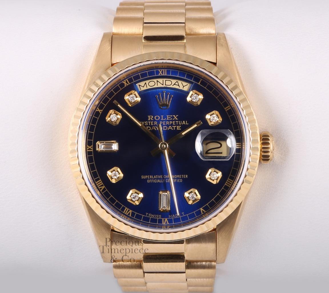 Rolex 18k Gold Day-Date 18238 President 36mm-Blue Diamond Dial- 18k Fluted Bezel