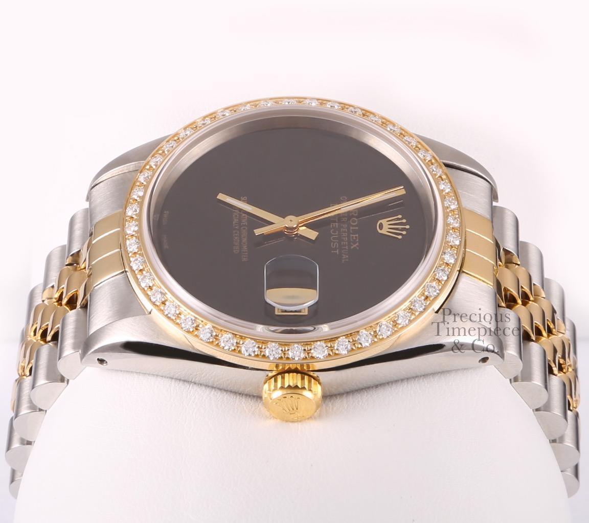 Rolex Datejust Two Tone S/Steel Gold 18k Diamond Bezel Onyx Dial 36mm Watch-2WTY