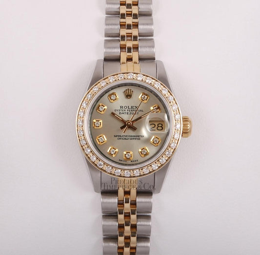 Rolex Lady Datejust 26mm Two Tone 18k Watch-Silver Diamond Dial-Diamond Bezel