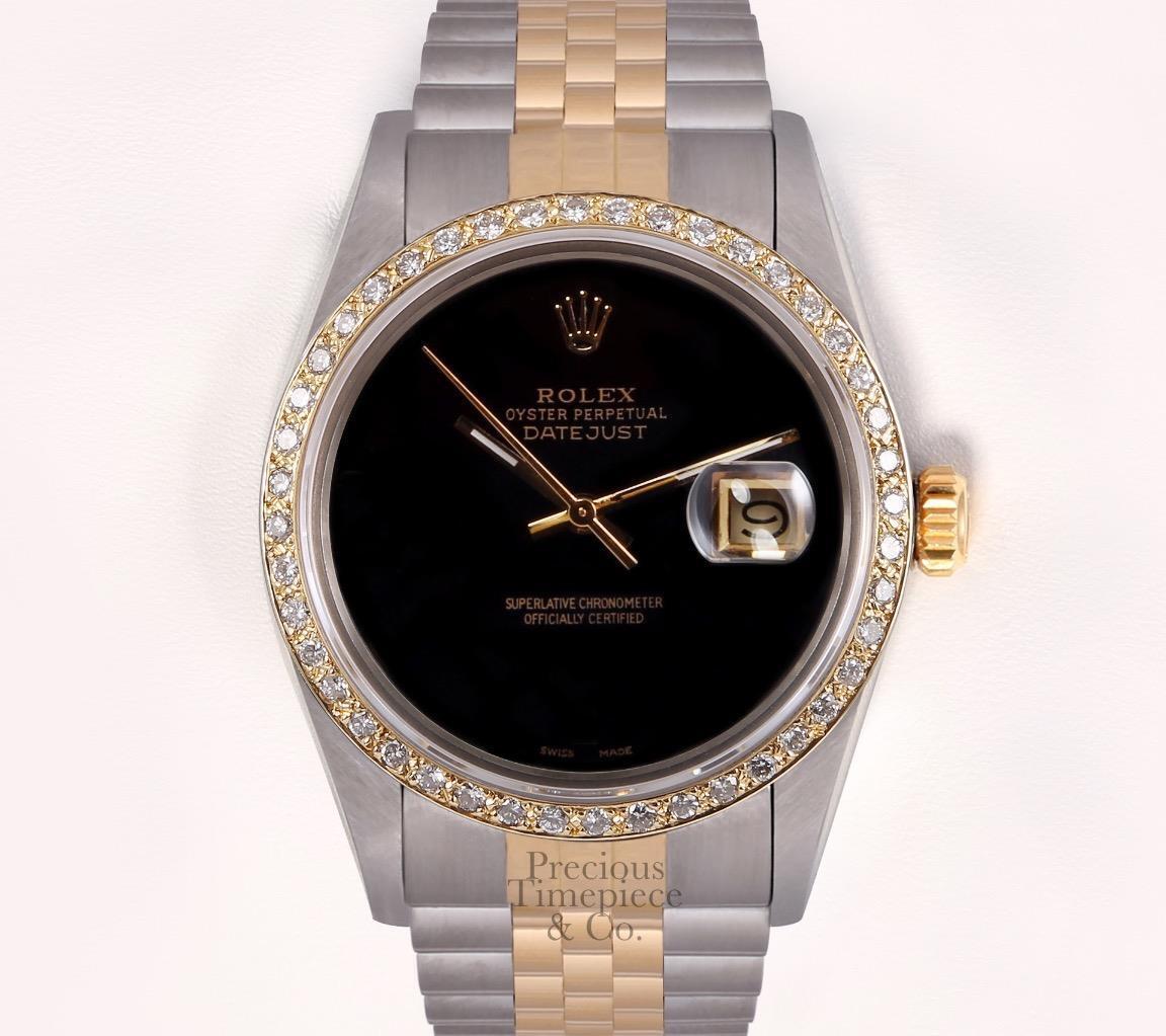 Rolex Datejust Two Tone S/Steel Gold 18k Diamond Bezel Onyx Dial 36mm Watch-2WTY