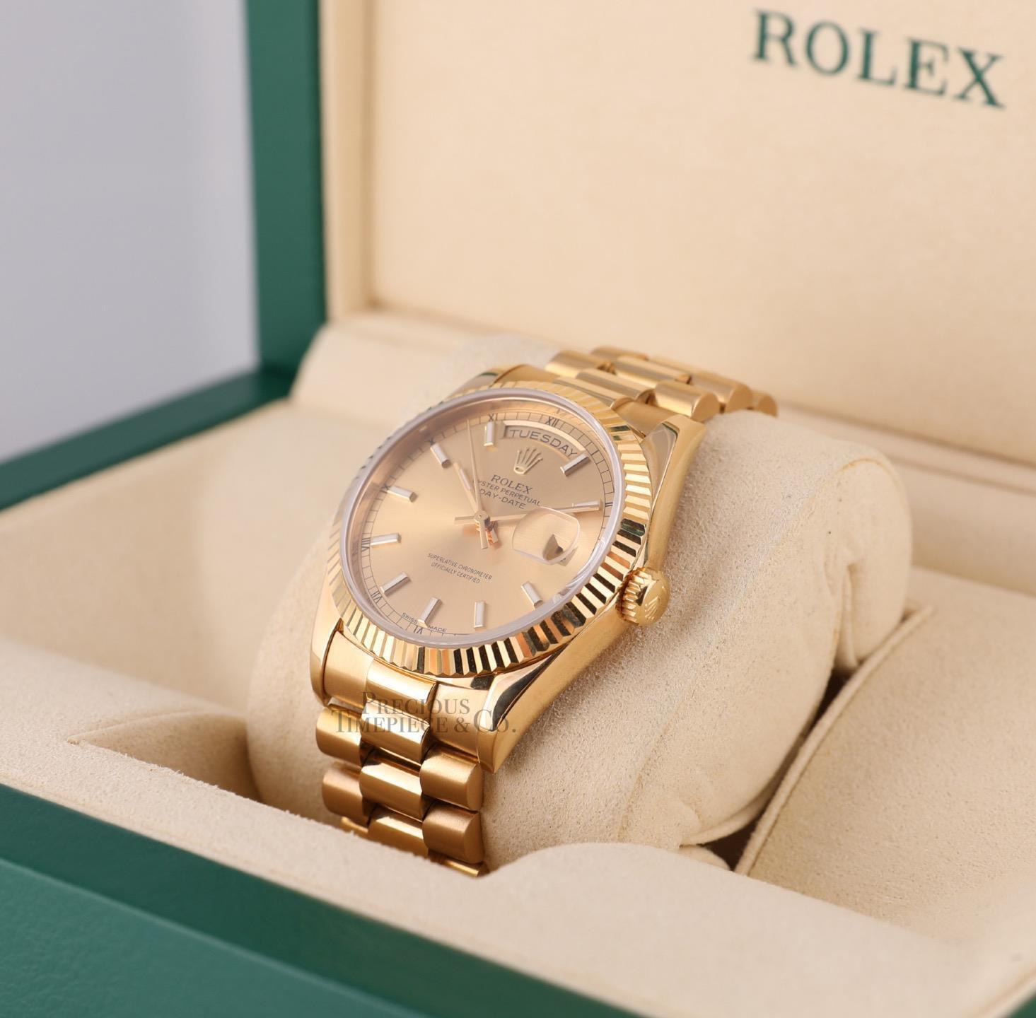 Rolex Men Day-Date 18238 Presidential- 18k Gold 36mm-Champagne Stick Marker Dial