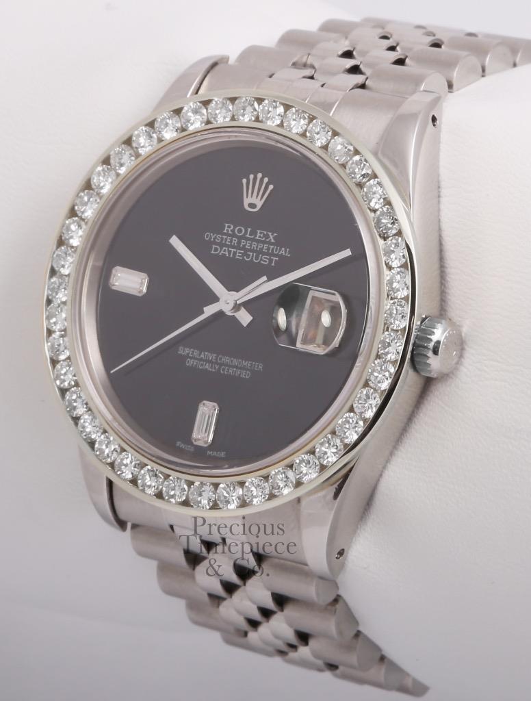 Rolex Datejust SS 36mm Watch-3CT Diamond Bezel-Onyx Baguette Diamond Dial