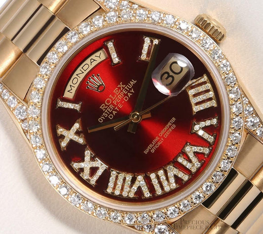 Rolex Day-Date 18238 36mm 18k Gold-Red Roman Dial-Diamond Lugs-Diamond Bezel