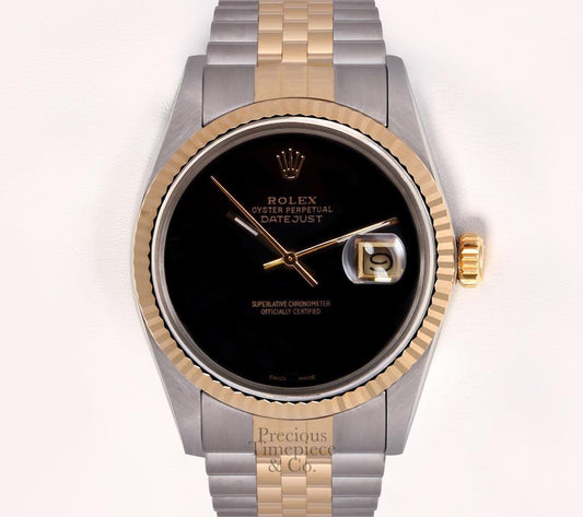 Rolex Men Datejust Two Tone 36mm Steel 18k Gold Fluted Bezel Onyx Dial