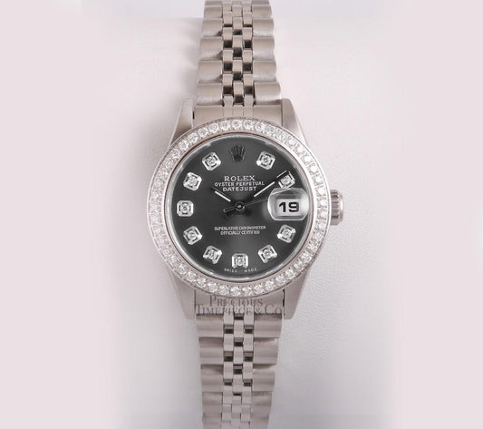 Rolex Lady Datejust Stainless Steel 26mm Watch-Gray Diamond Dial-Diamond Bezel