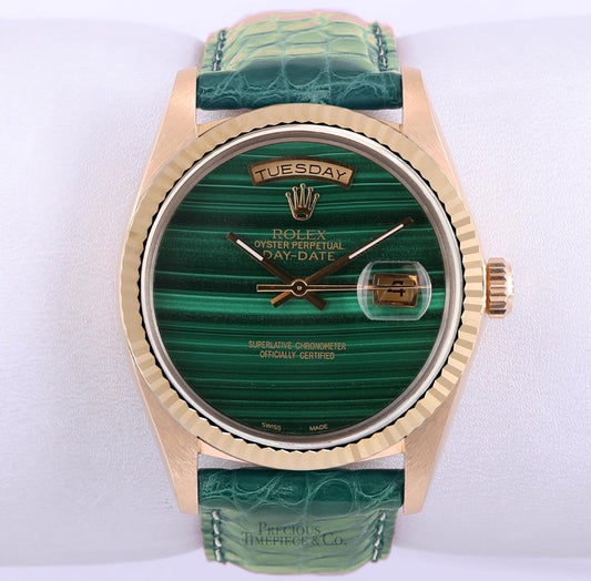 Rolex Men Day-Date 36mm 18k Gold 18238-Malachite Marble Dial-Green Leather Band