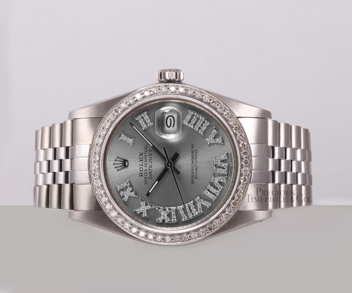 Rolex Datejust Stainless Steel 36mm Watch-Gray Roman Diamond Dial-Diamond Bezel