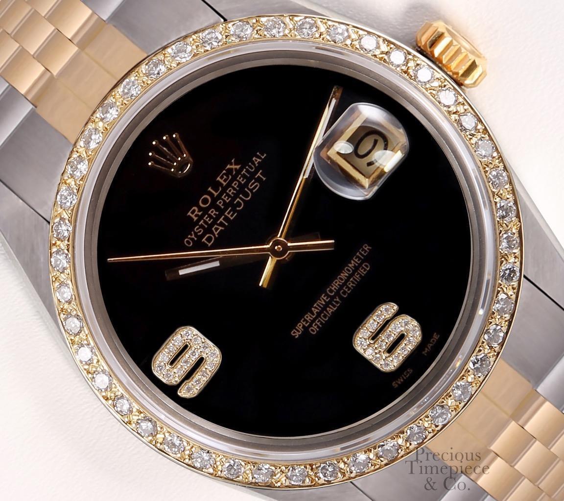 Rolex Datejust Two Tone 36mm Watch 18k Gold Diamond Bezel-Diamond 6&9 Onyx Dial