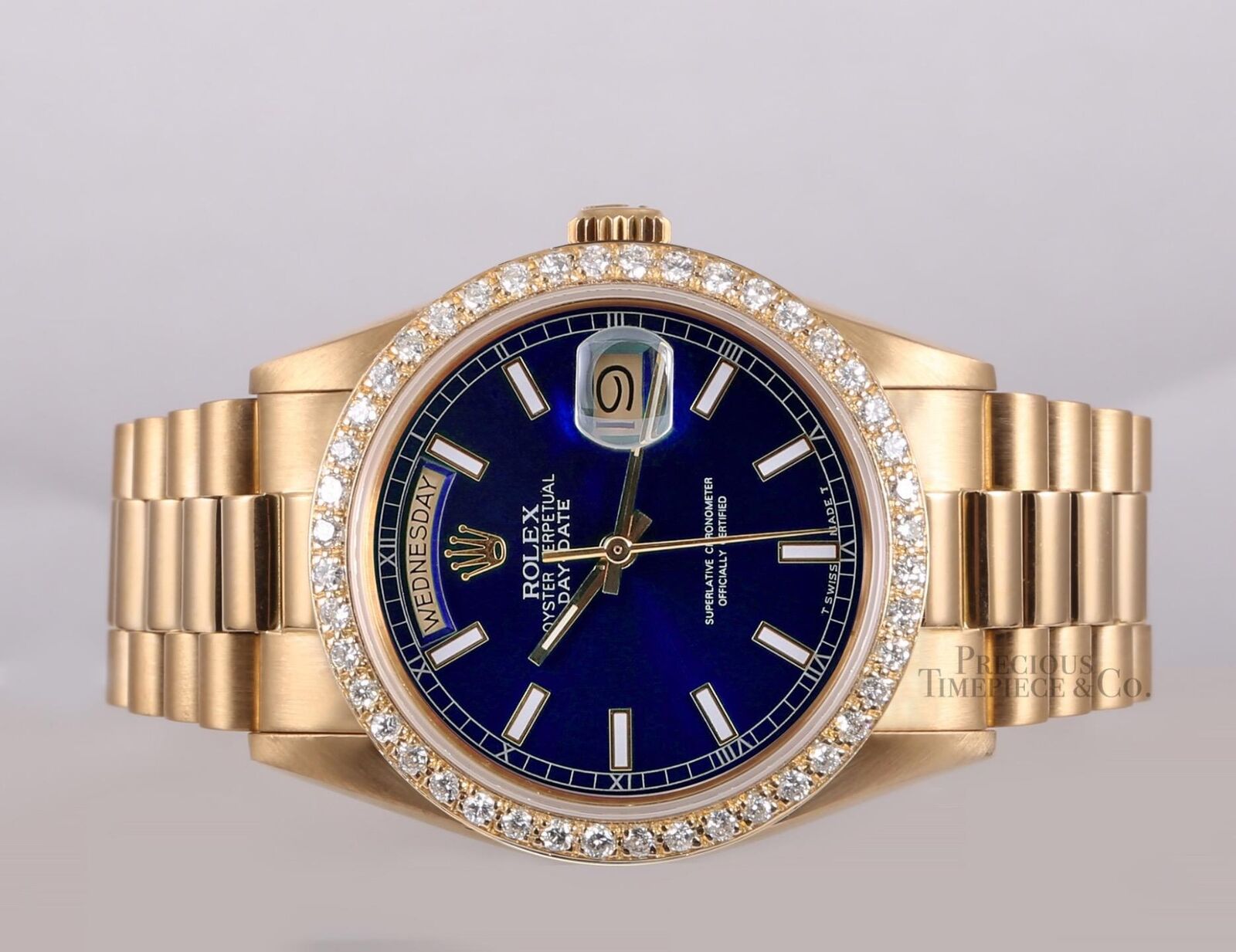 Rolex Day-Date 18038 Presidential 18k Gold Diamond Bezel 36mm-Blue Stick Dial