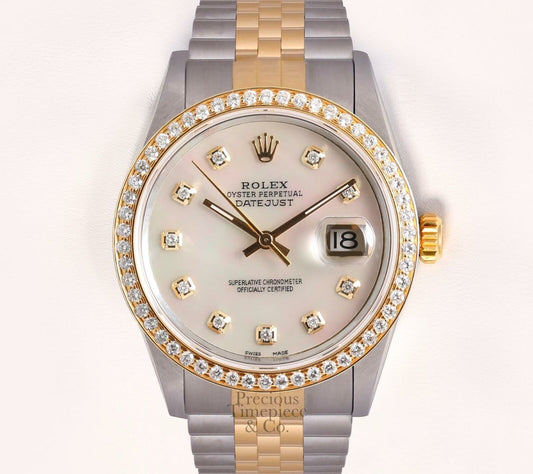 Rolex Datejust 18k & Steel 36mm White MOP Diamond Dial-18k Diamond Bezel