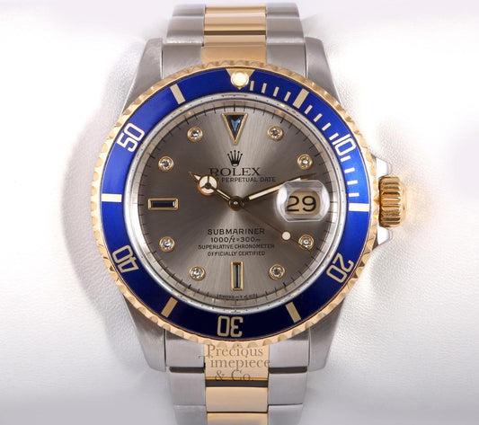 Rolex Submariner Date 16613 Two Tone 18k & S/Steel 40mm Watch-Gray Diamond Dial