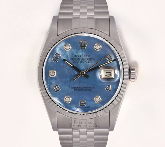 Rolex Mens Datejust Steel 36mm-18k Fluted Bezel-Blue MOP Arab Diamond Dial