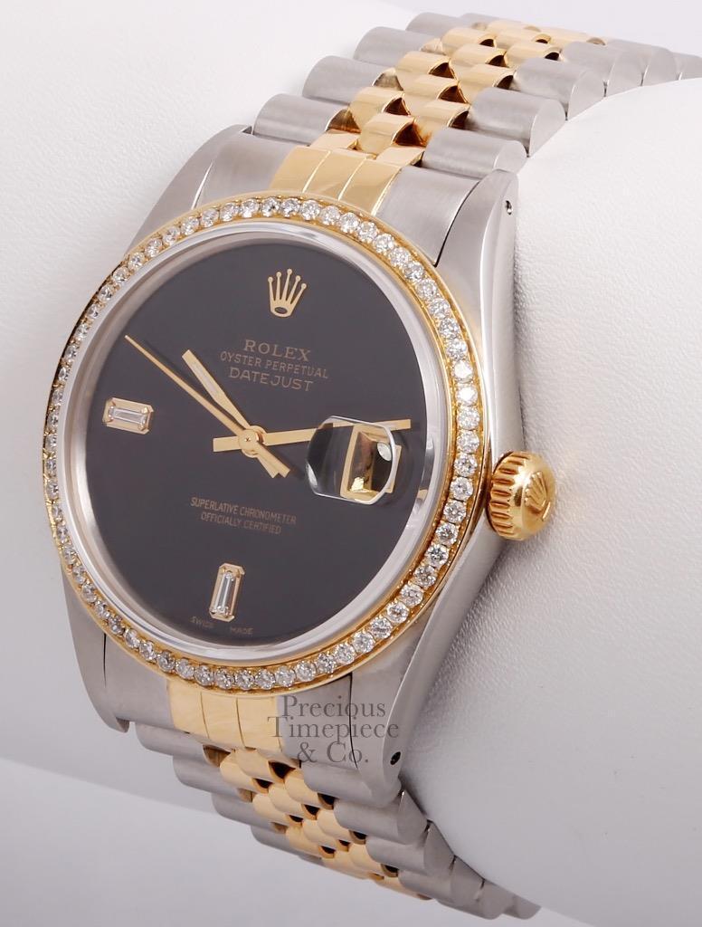 Rolex Datejust Two Tone S/Steel 18k Diamond Bezel 36mm Watch-Onyx Baguette Dial